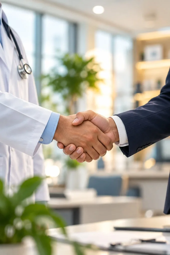 Healthcare professional and business partner shaking hands
