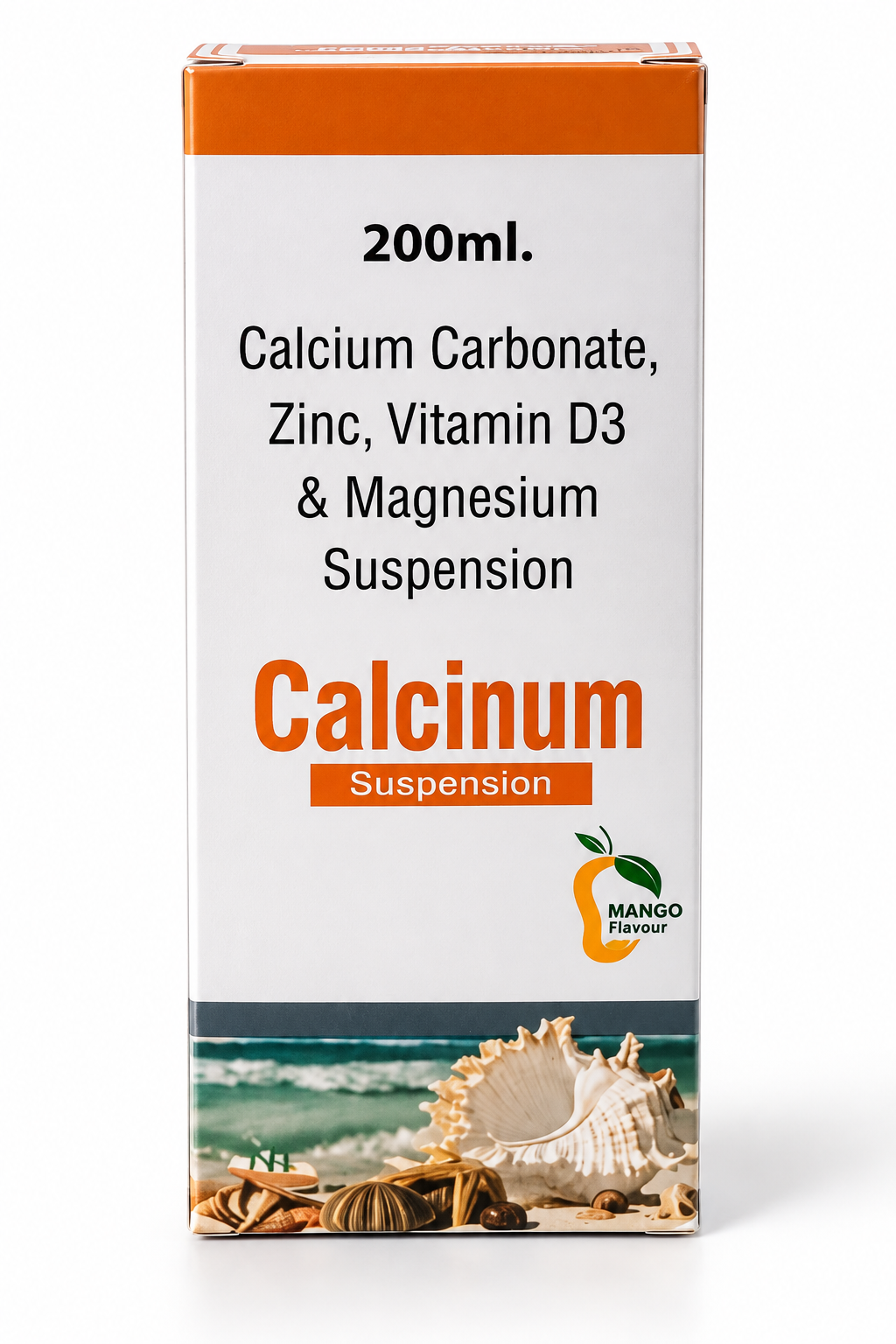 Calcinum 200 ml mango flavour calcium zinc vitamin D3 and magnesium suspension carton.
