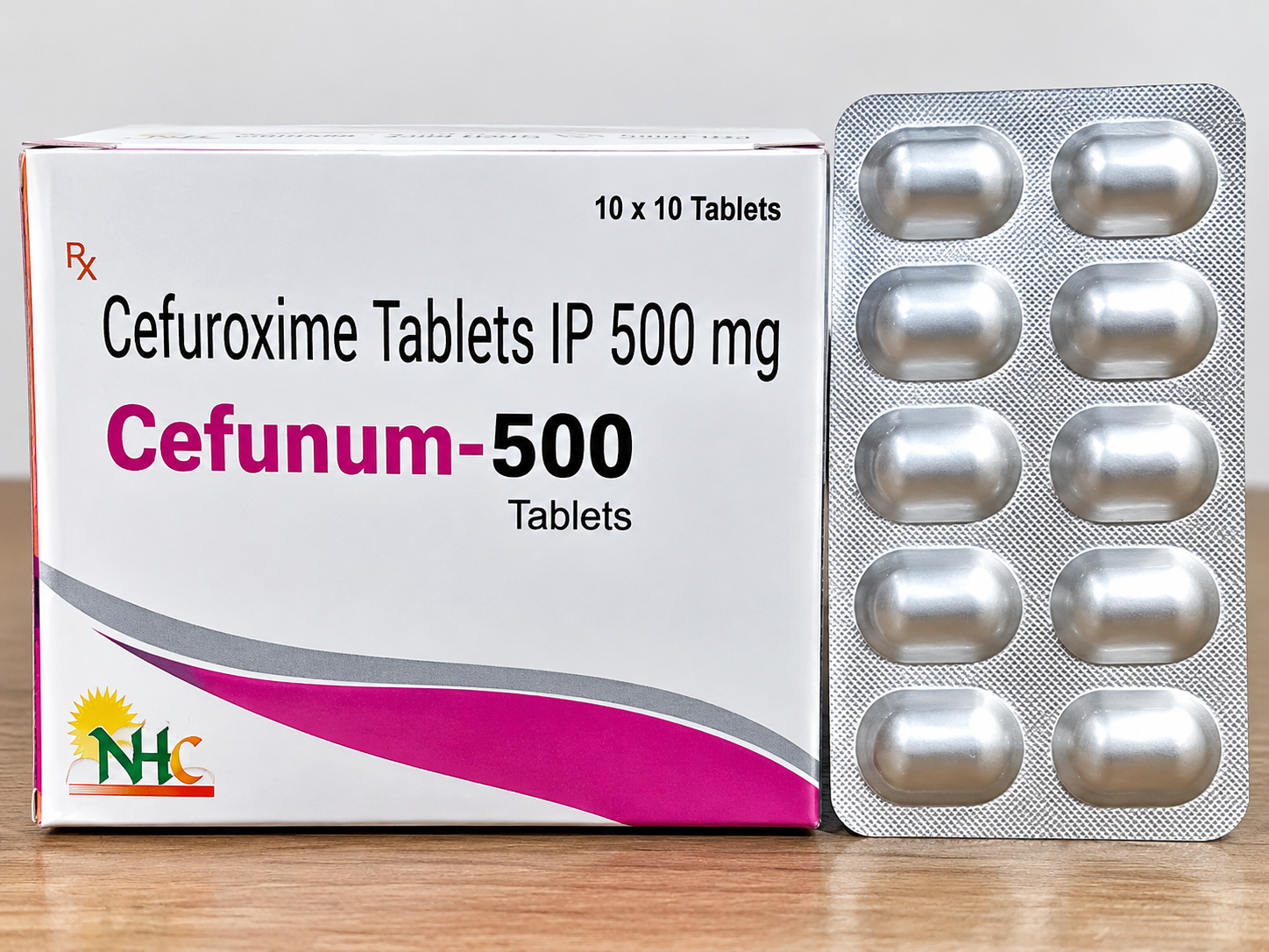 Cefunum-500 Cefuroxime Tablets IP 500 mg carton and blister pack.