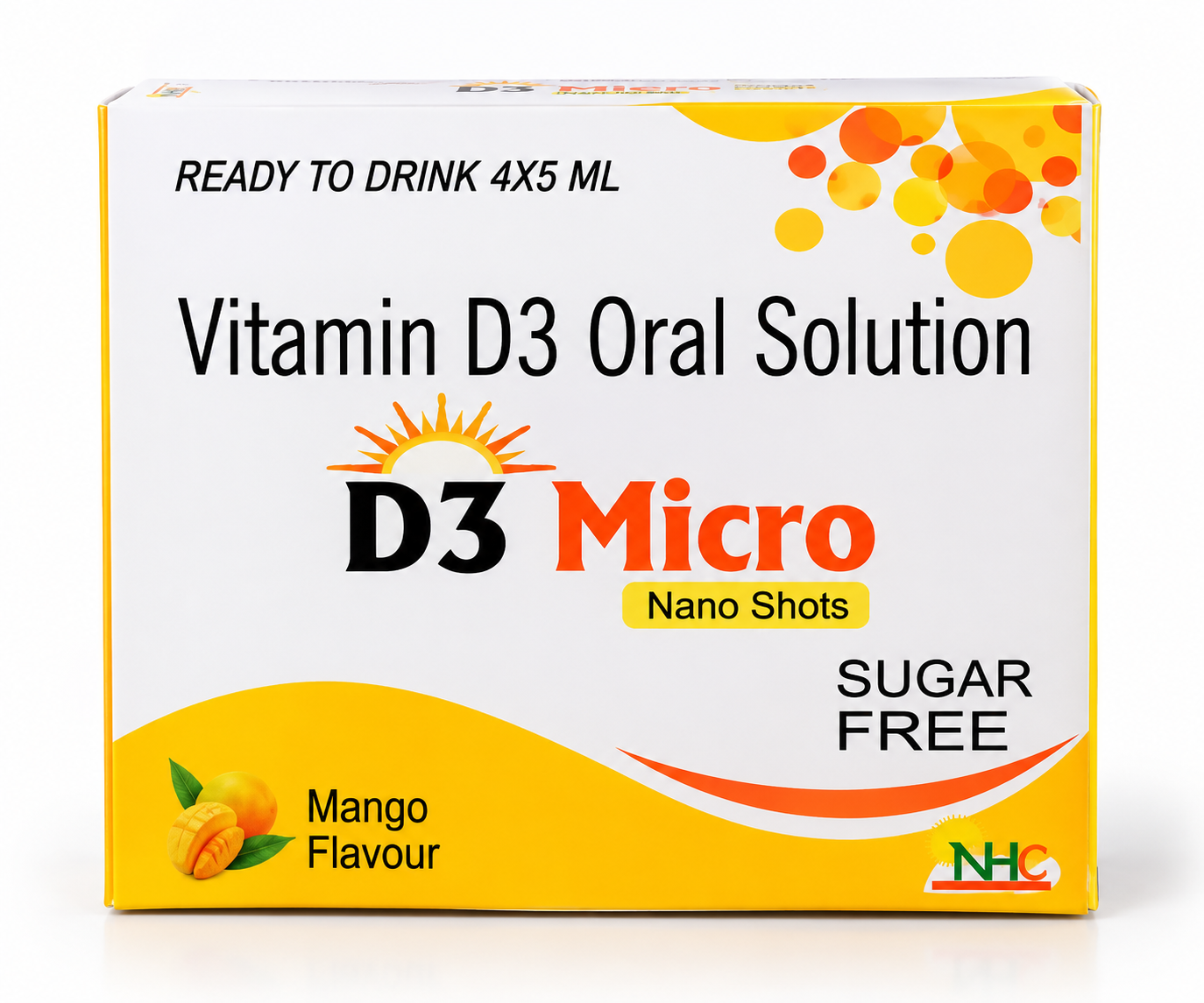 D3 Micro Nano Shots Vitamin D3 oral solution sugar-free mango flavour 4 by 5 ml carton.