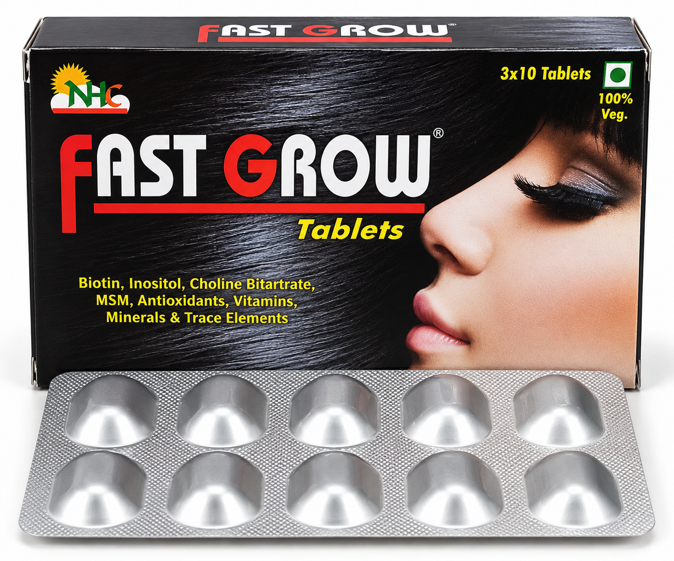 FAST GROW tablets carton and blister pack by Numac Healthcare, labelled 3 by 10 vegetarian tablets.