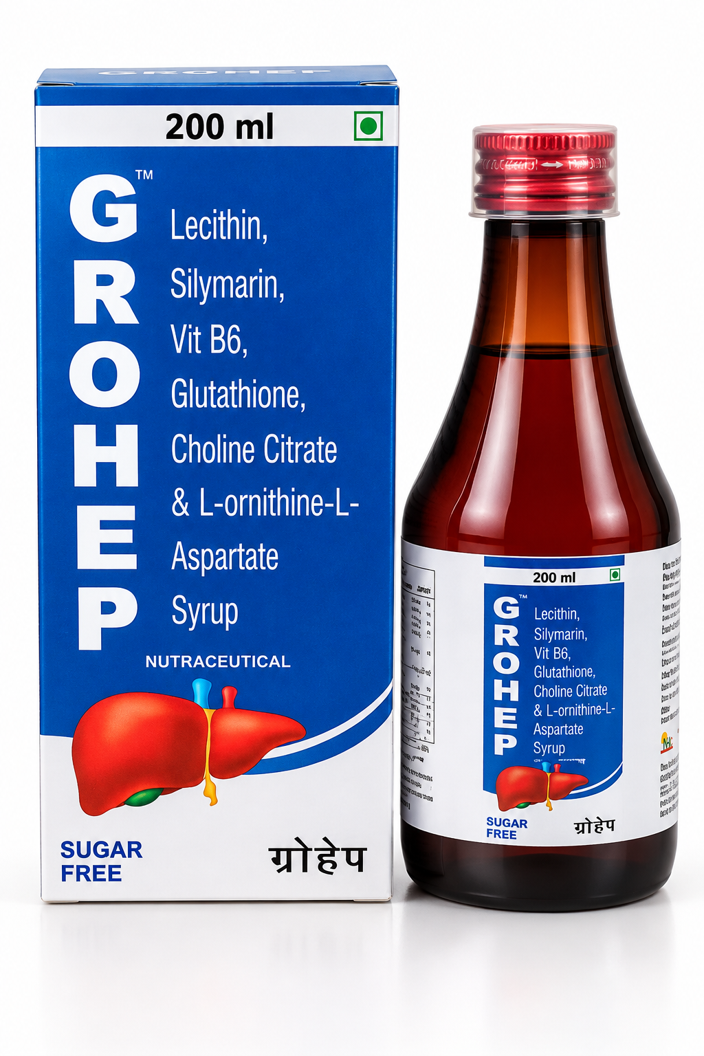 GROHEP 200 ml sugar-free liver nutraceutical syrup bottle and carton.