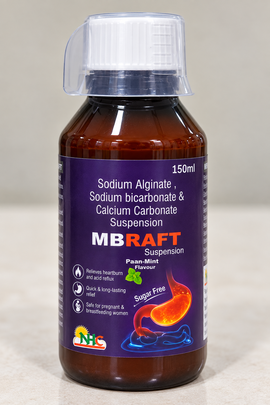 MBRAFT sodium alginate antacid suspension 150 ml bottle, sugar-free paan-mint.