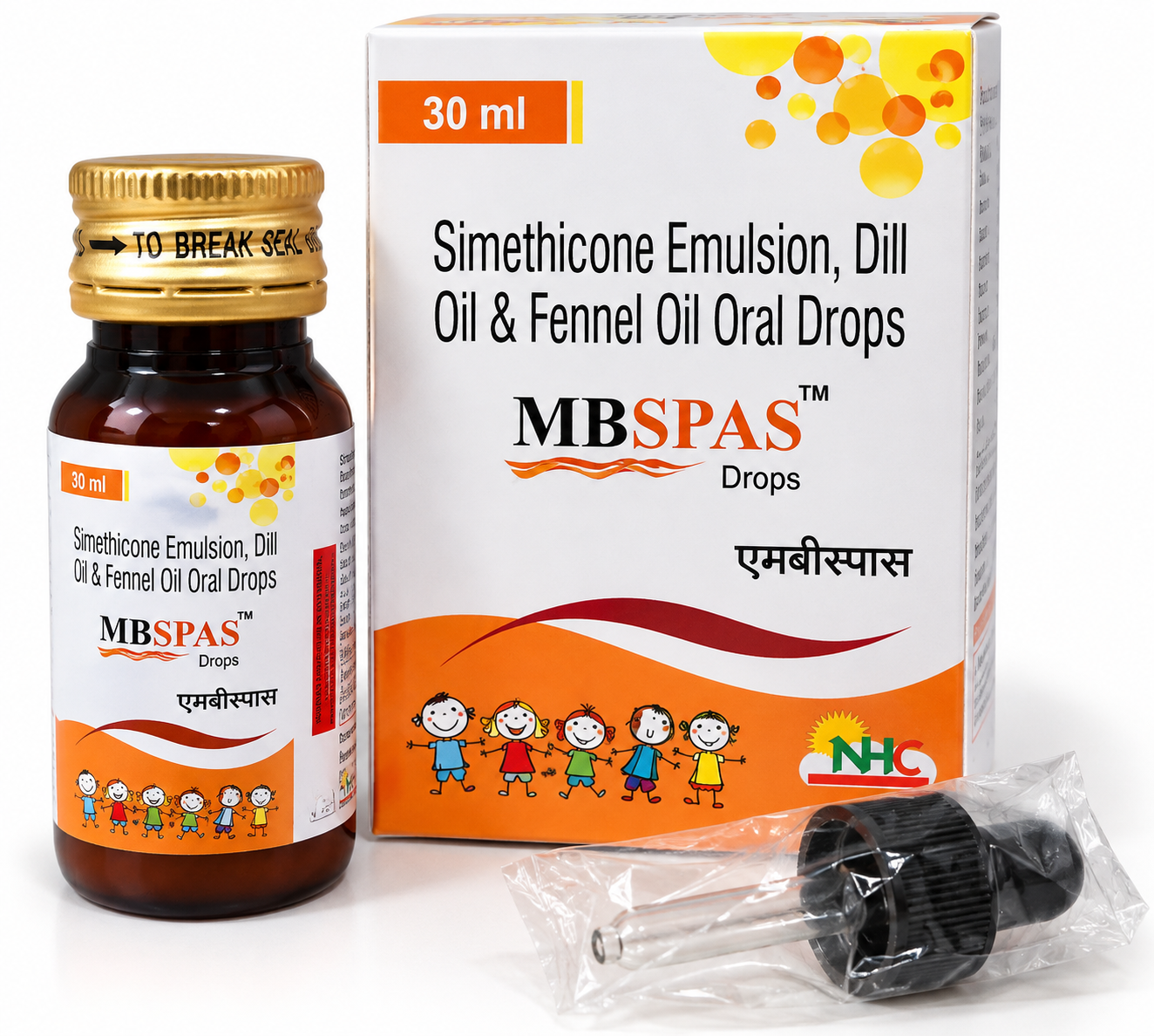 MBSPAS simethicone dill and fennel oil 30 ml paediatric drops, bottle, carton and dropper.
