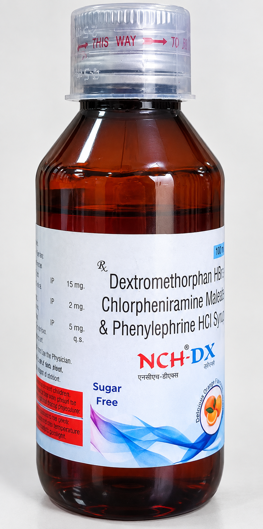 NCH-DX dextromethorphan chlorpheniramine phenylephrine sugar-free syrup bottle.