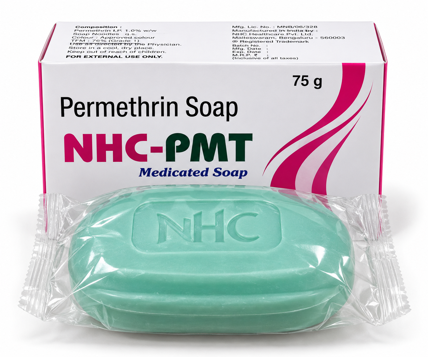 NHC-PMT permethrin medicated soap 75 gram carton and green soap bar.