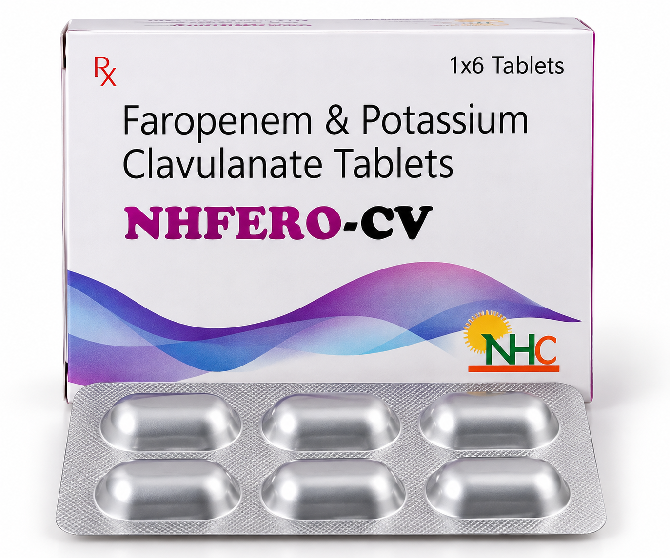 NHFERO-CV Faropenem and Potassium Clavulanate tablets carton and six-tablet blister.