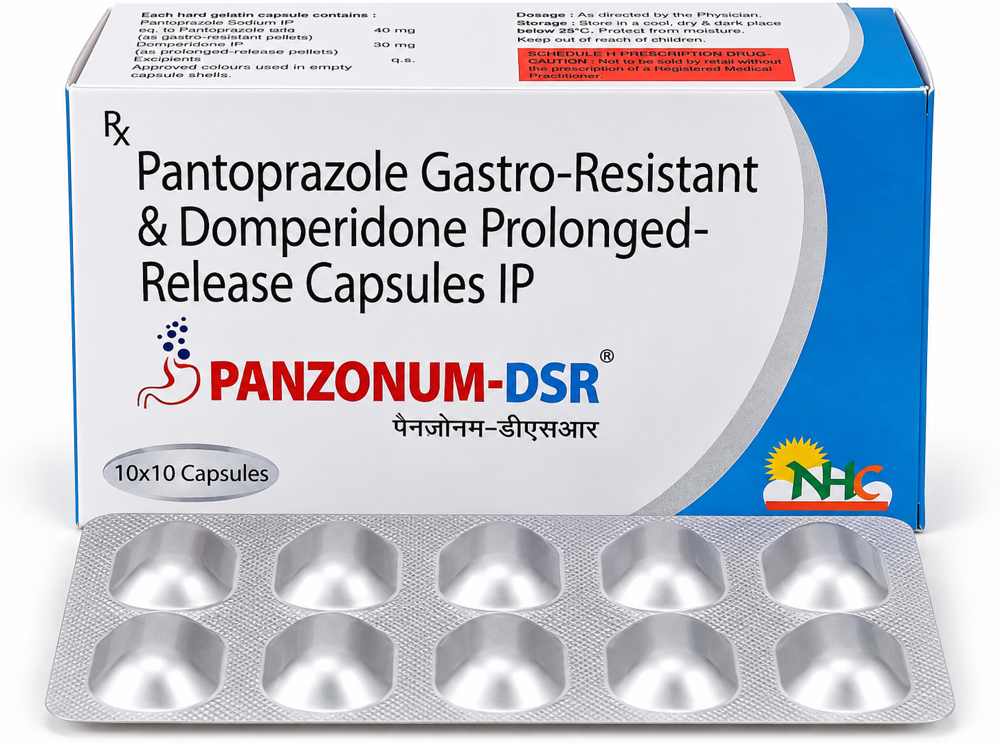Panzonum-DSR pantoprazole and domperidone capsules carton and alu-alu blister.
