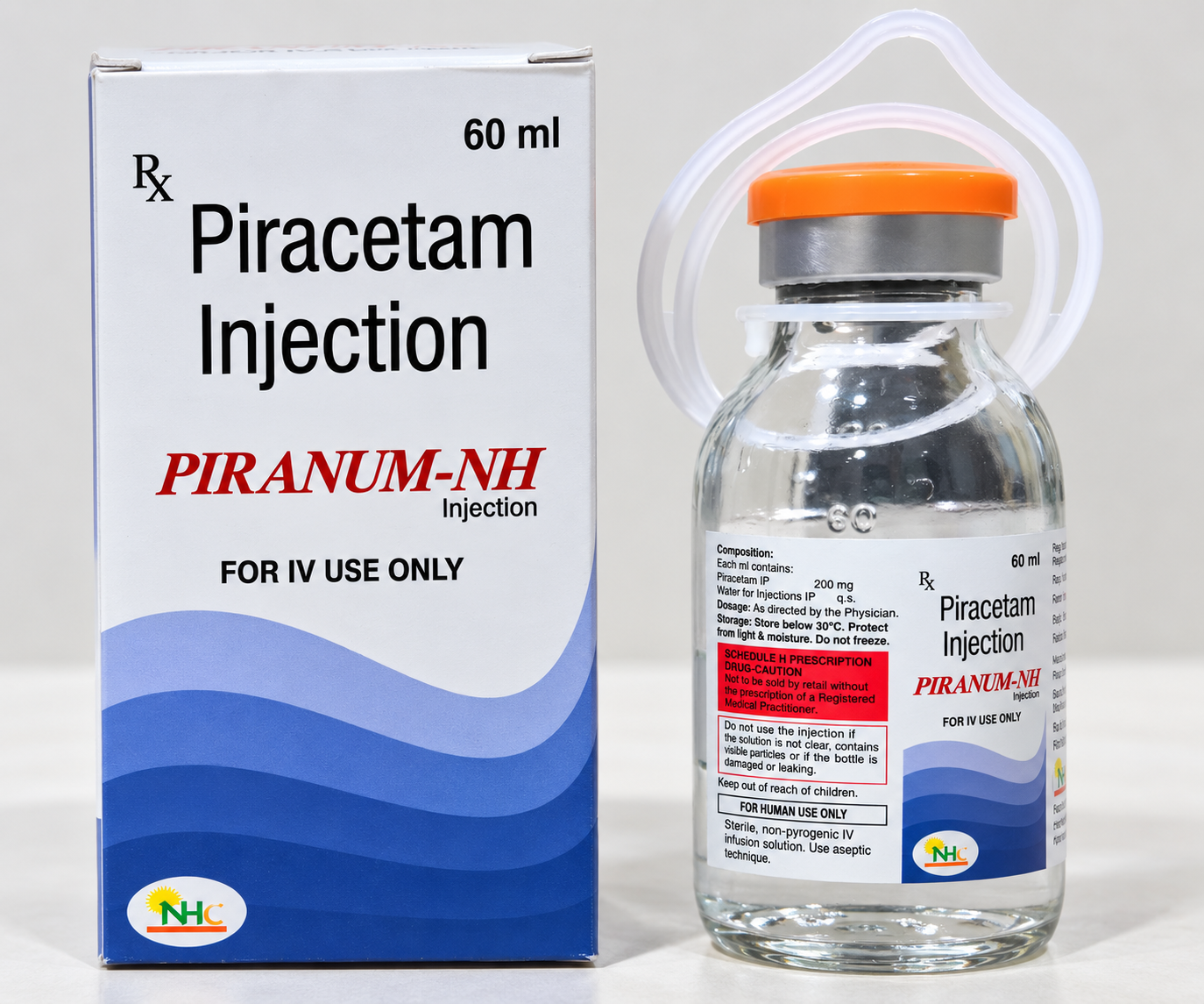 PIRANUM-NH Piracetam Injection 200 mg per ml 60 ml vial and carton for IV use.