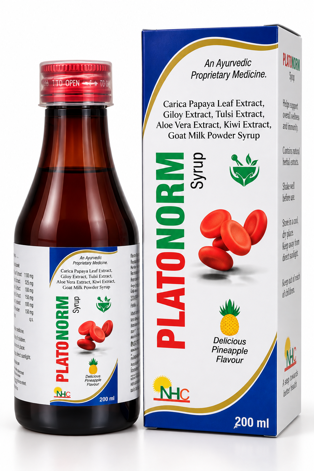 Platonorm Ayurvedic 200 ml pineapple syrup bottle and carton with papaya leaf and giloy.